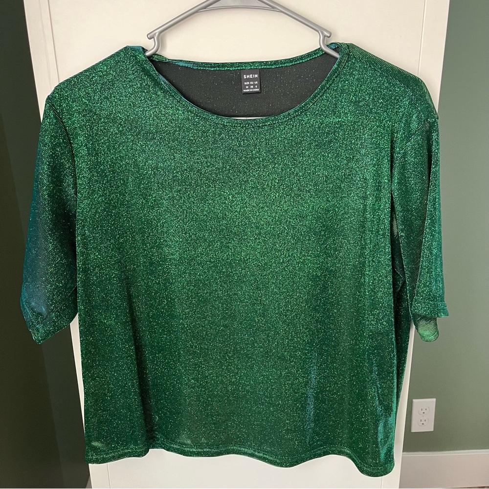 EUC SHEIN Shimmer Green Short Sleeve Shirt
